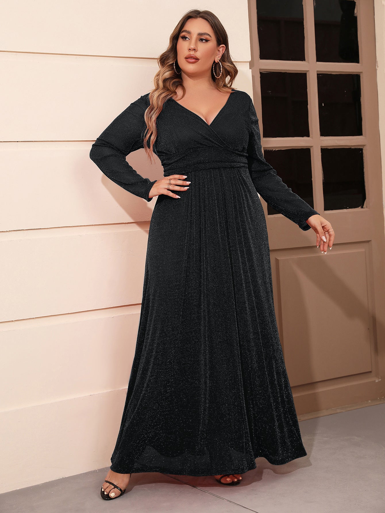 V-neck Sleeve Mesh Maxi Dress