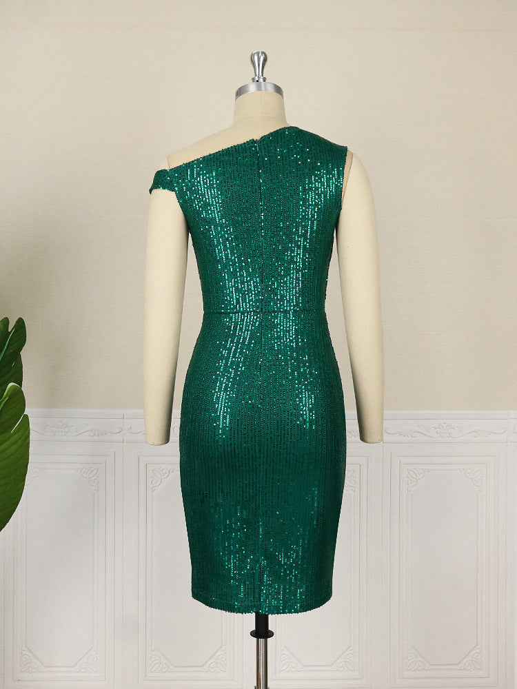 Women's One Shoulder Sleeveless Hip Wrap Sequin Dress