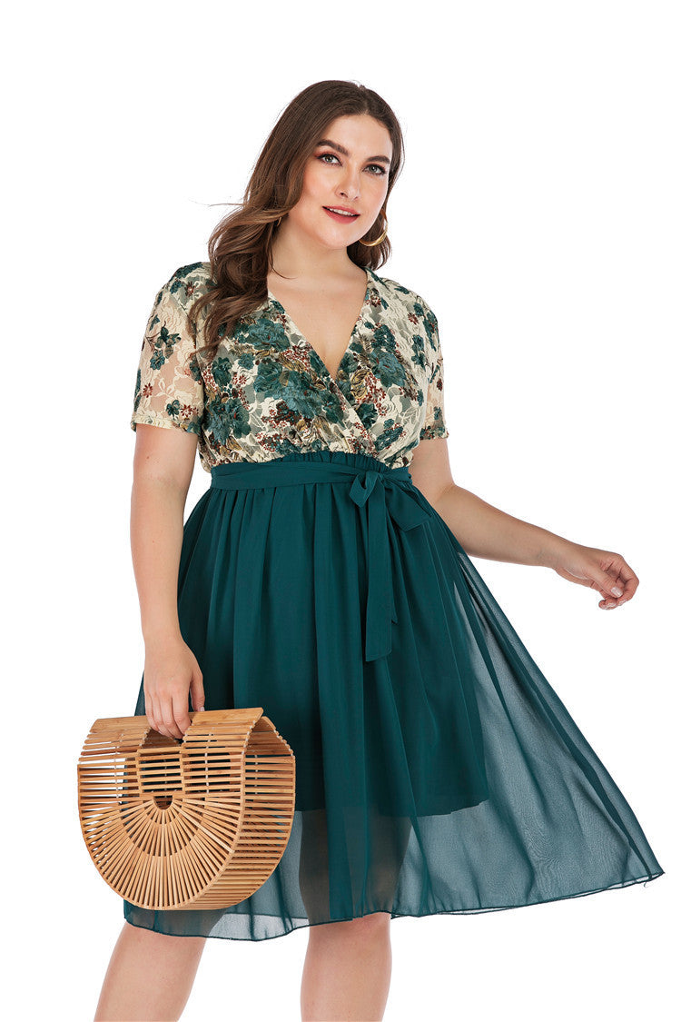 Women Plus Size Short Sleeve Evening Gown