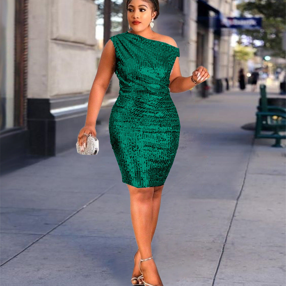 Women's One Shoulder Sleeveless Hip Wrap Sequin Dress