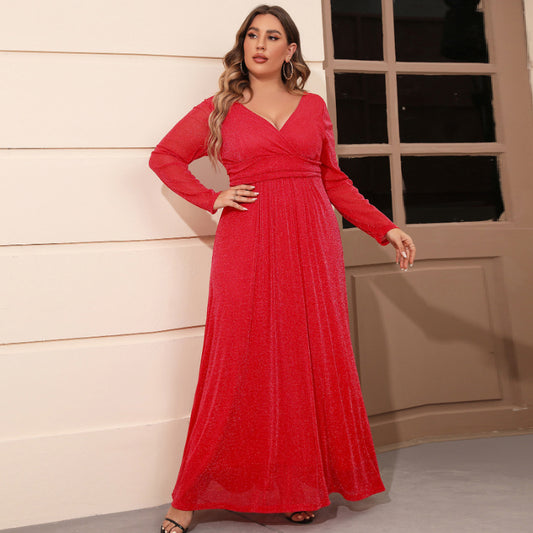 V-neck Sleeve Mesh Maxi Dress