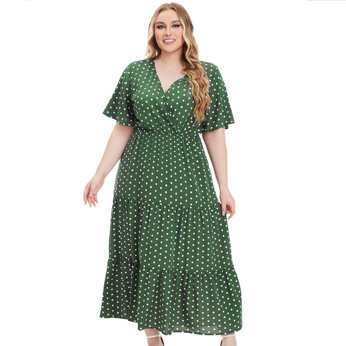Women's Plus Size V-neck Polka Dot Short Sleeve Dress