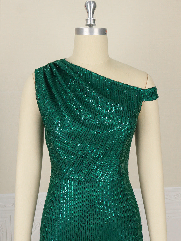 Women's One Shoulder Sleeveless Hip Wrap Sequin Dress