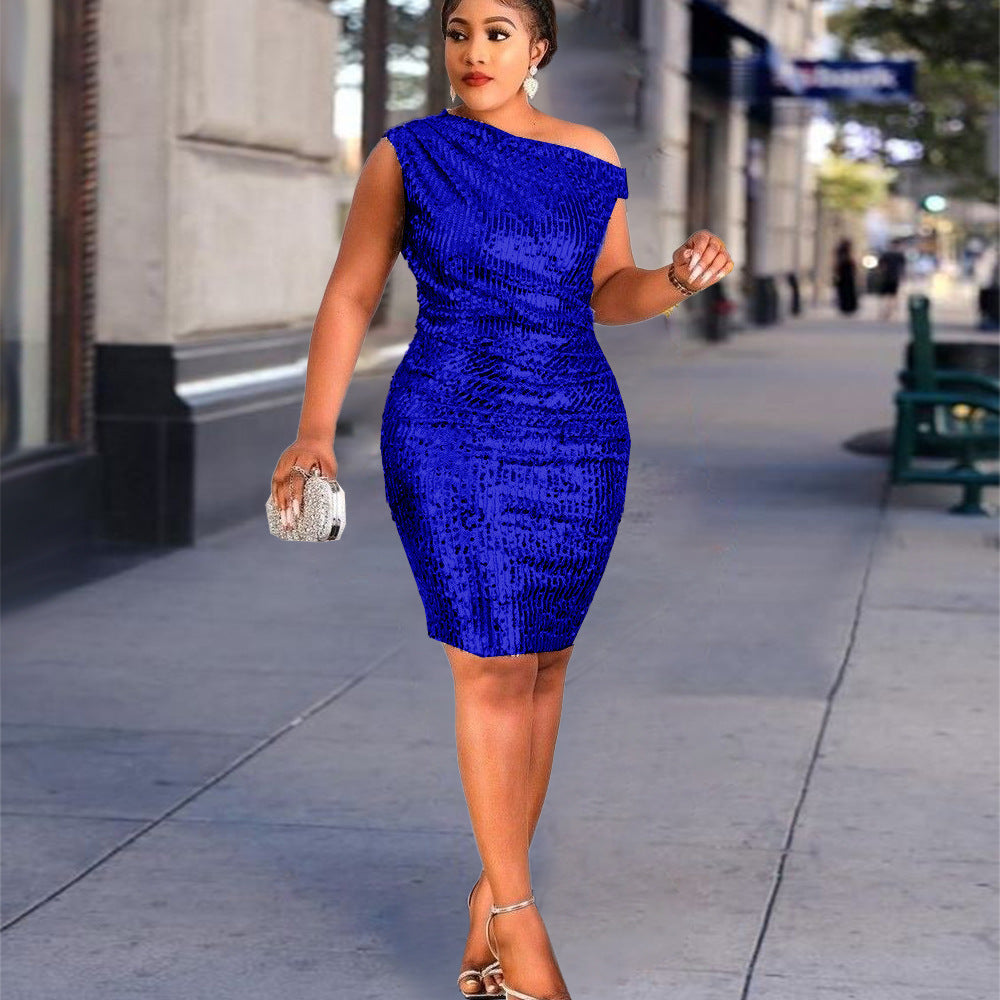 Women's One Shoulder Sleeveless Hip Wrap Sequin Dress