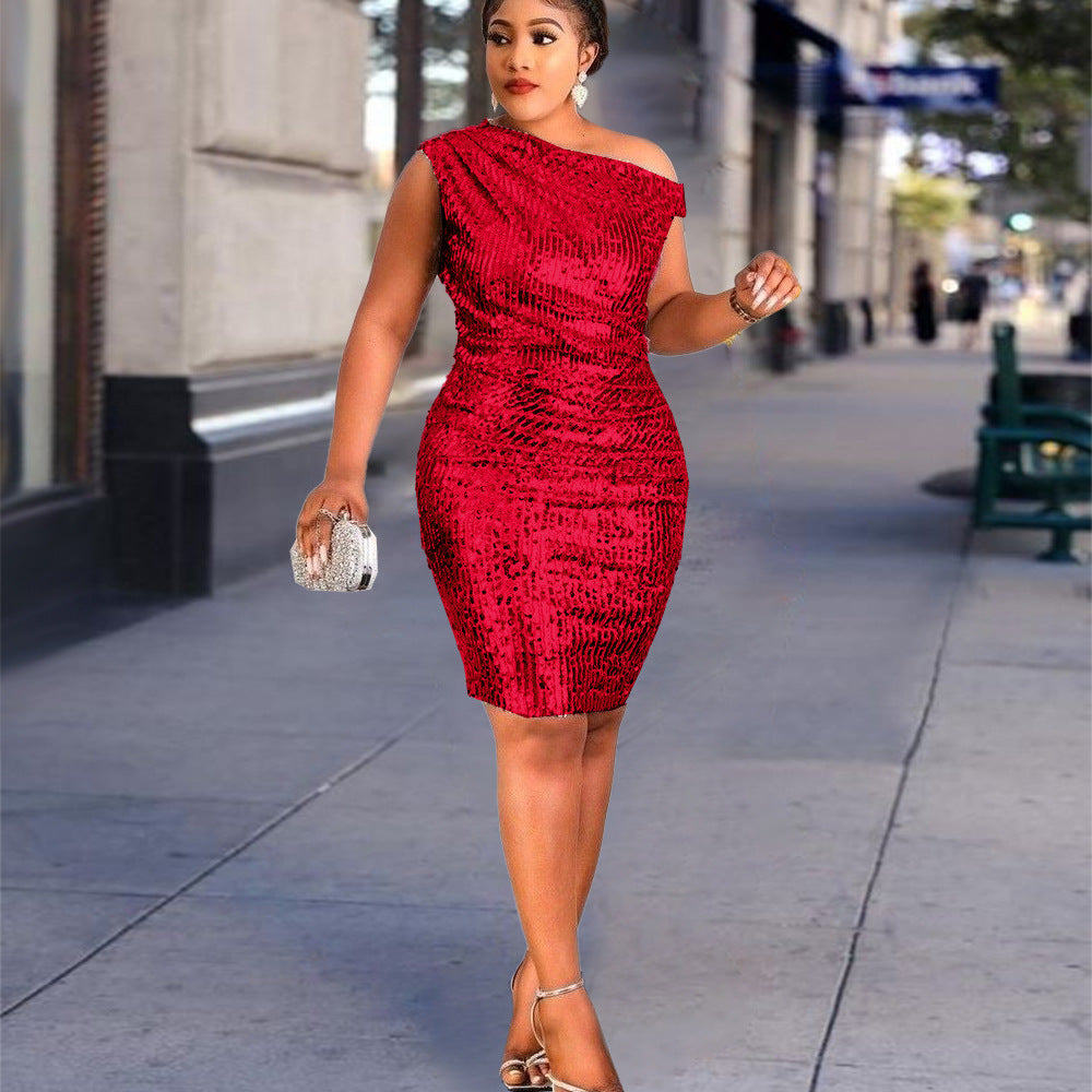 Women's One Shoulder Sleeveless Hip Wrap Sequin Dress