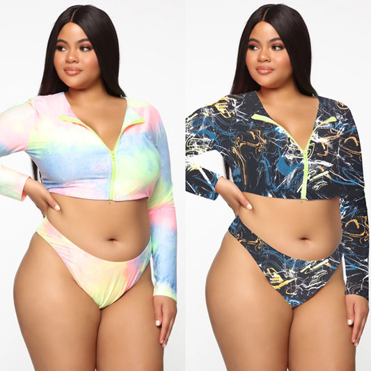 Women Plus Size Long Sleeve Zipper Swimsuit Colorful Sexy bathing suit