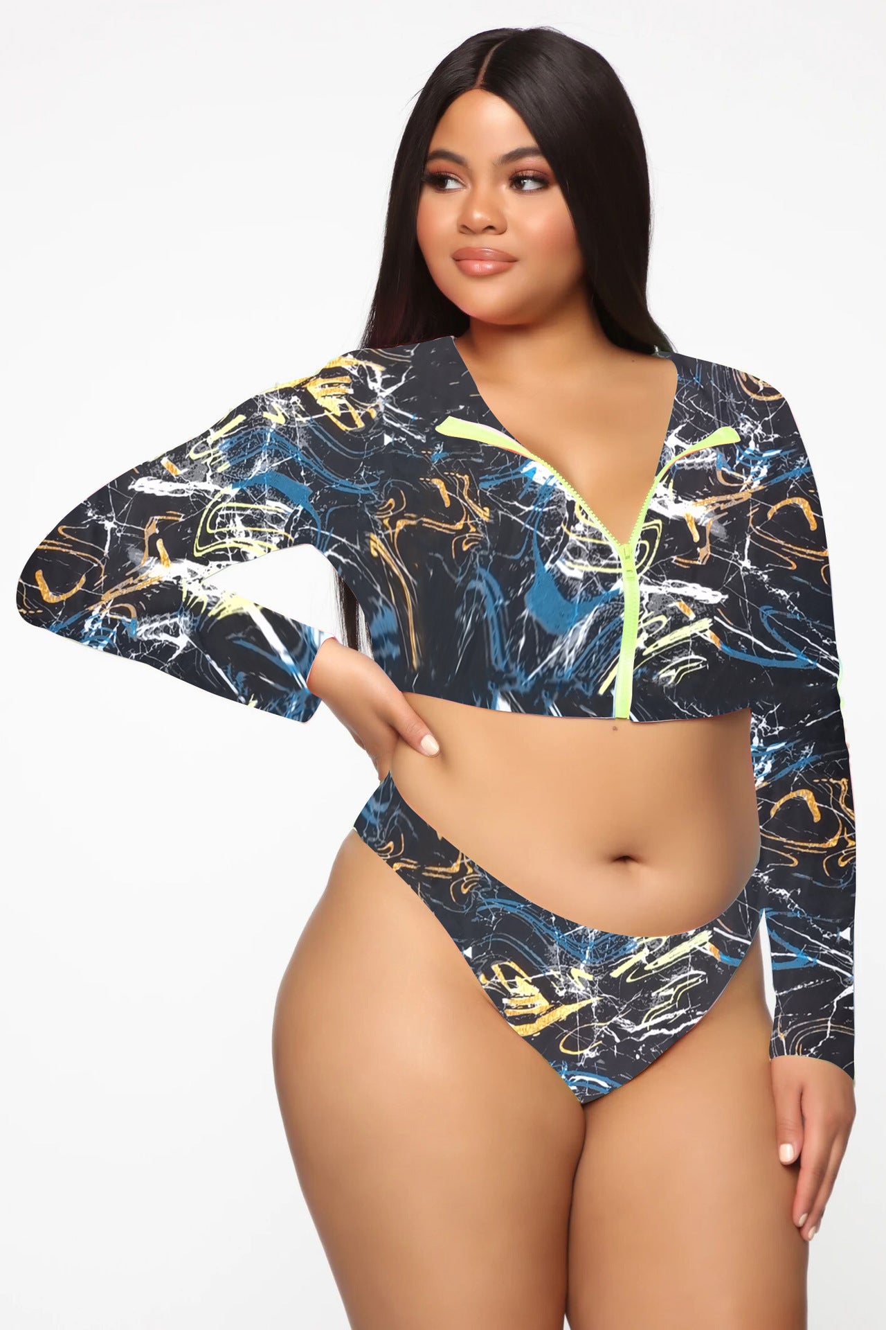 Women Plus Size Long Sleeve Zipper Swimsuit Colorful Sexy bathing suit