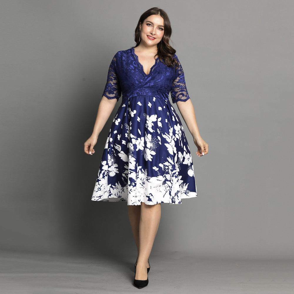 Women Plus Size Lace Stitching Dress