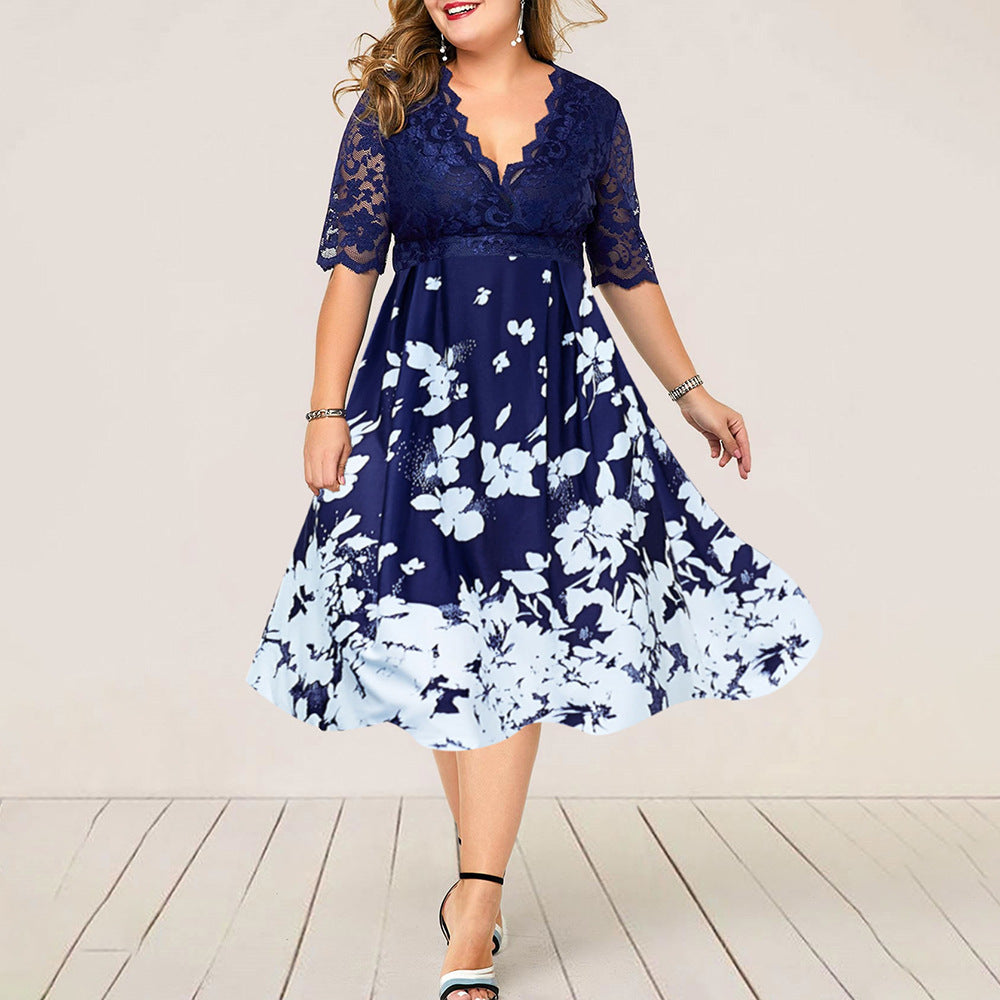 Women Plus Size Lace Stitching Dress