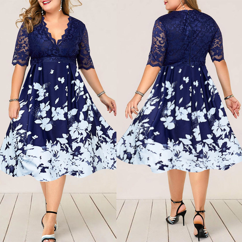 Women Plus Size Lace Stitching Dress