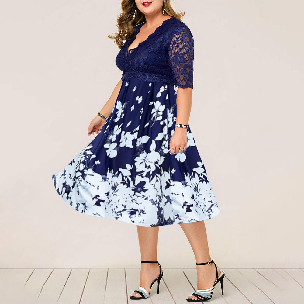 Women Plus Size Lace Stitching Dress