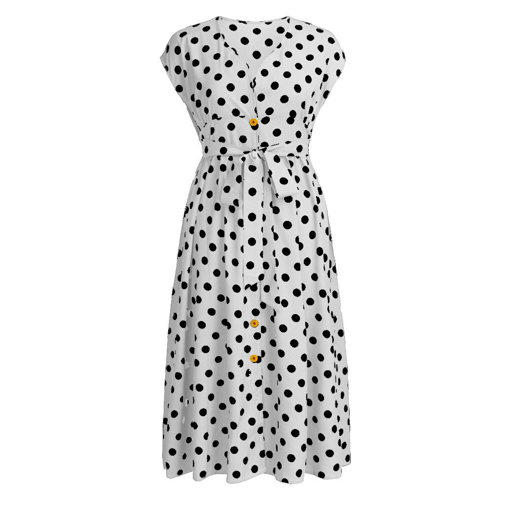 Women Plus Size Casual V-neck Sleeveless Polka Dot Printed Button Belt Dress