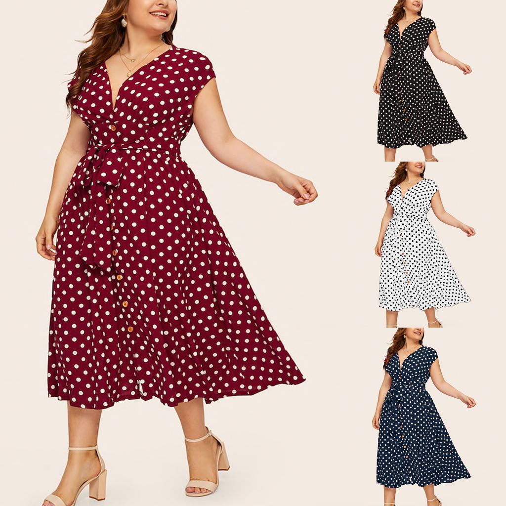 Women Plus Size Casual V-neck Sleeveless Polka Dot Printed Button Belt Dress