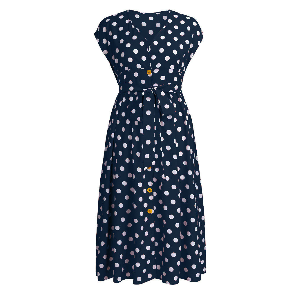 Women Plus Size Casual V-neck Sleeveless Polka Dot Printed Button Belt Dress