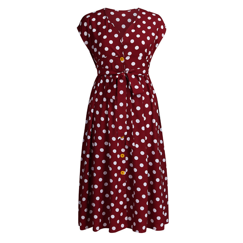 Women Plus Size Casual V-neck Sleeveless Polka Dot Printed Button Belt Dress