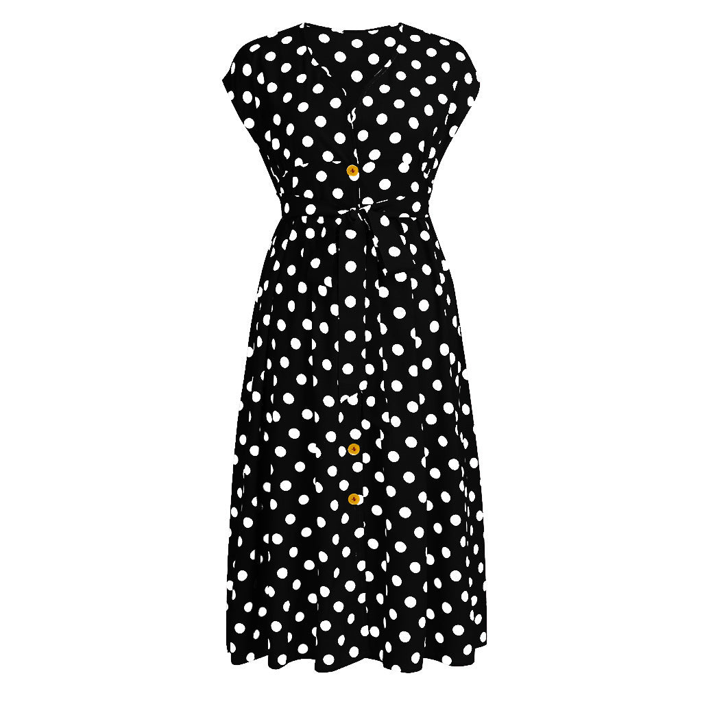 Women Plus Size Casual V-neck Sleeveless Polka Dot Printed Button Belt Dress