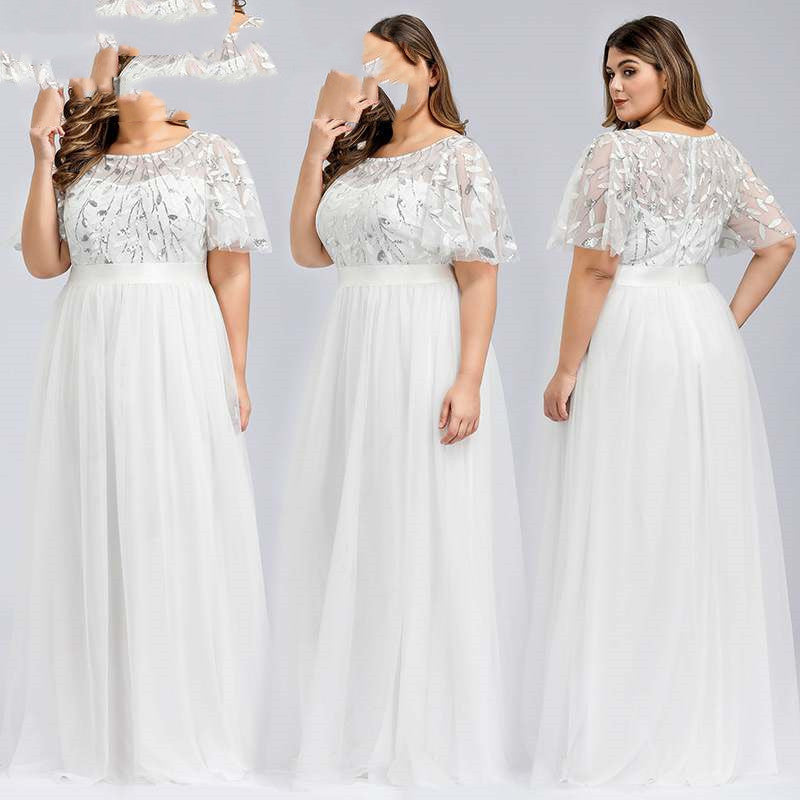 Women Plus Size High Sequins Mesh Long Dress