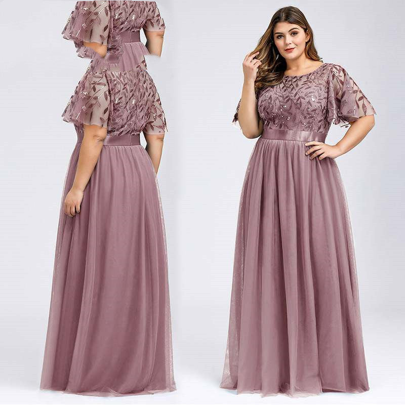 Women Plus Size High Sequins Mesh Long Dress