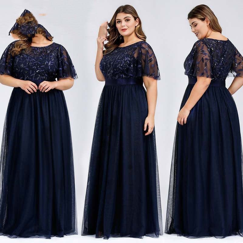 Women Plus Size High Sequins Mesh Long Dress