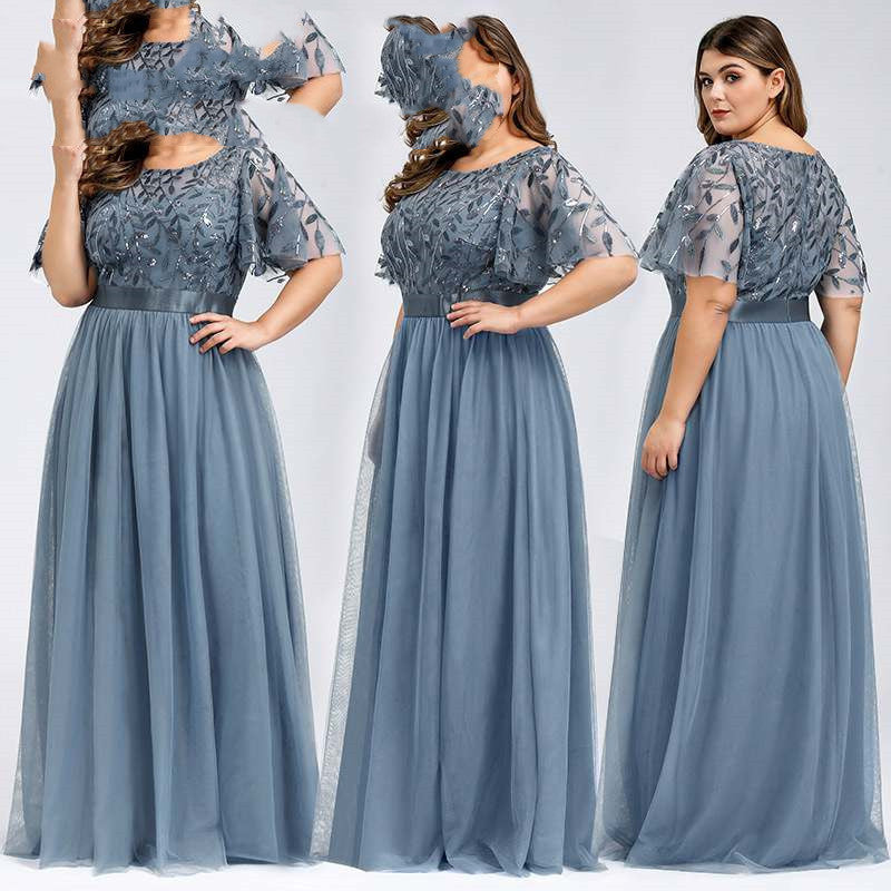 Women Plus Size High Sequins Mesh Long Dress