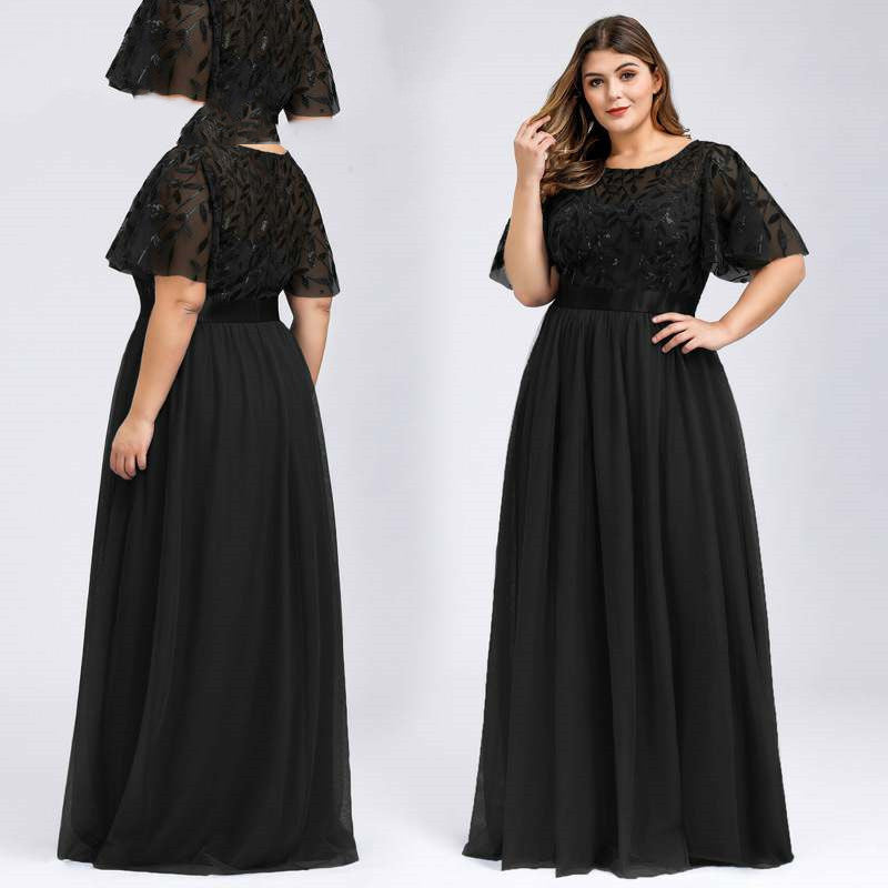 Women Plus Size High Sequins Mesh Long Dress