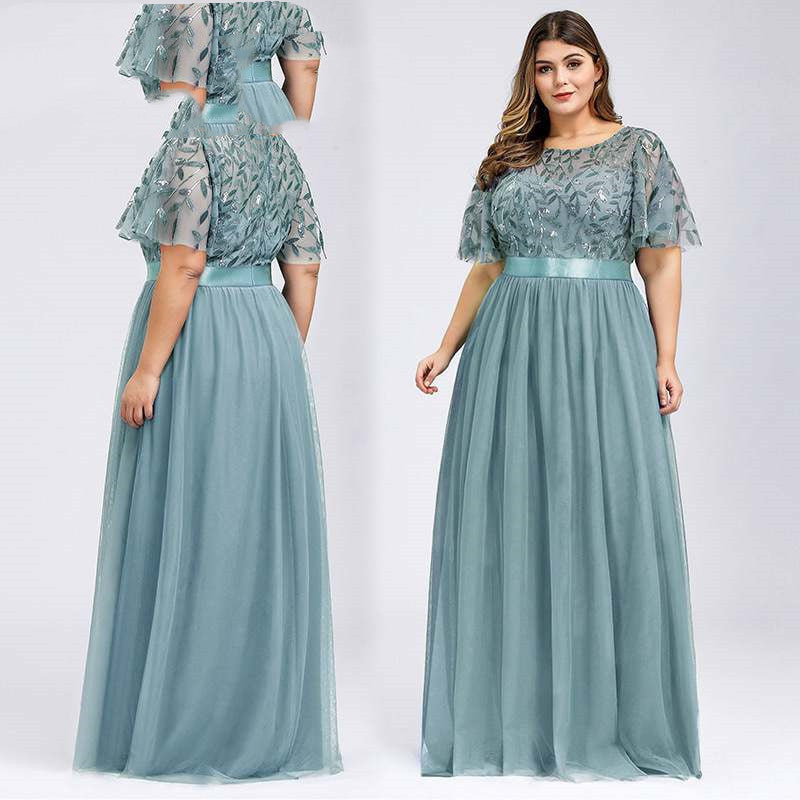 Women Plus Size High Sequins Mesh Long Dress