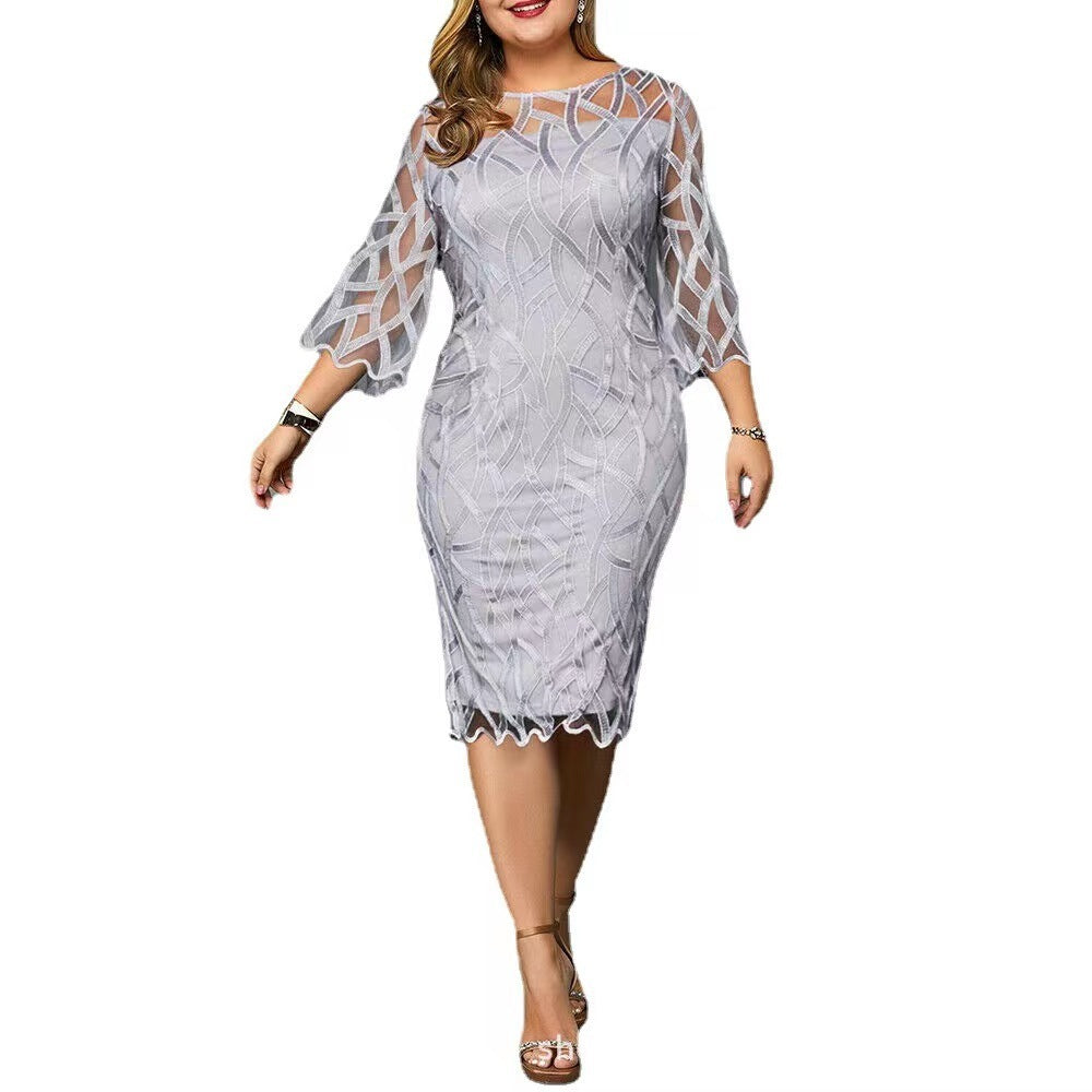 Women Plus Size Embroidered Double-layer Solid Color Round Neck Plus Size Dress