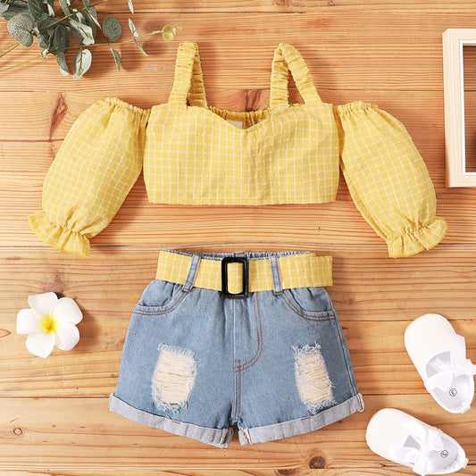 Toddler Girls Cute Summer Top + Jeans Shorts Baby Girl Outfit 2pcs Set