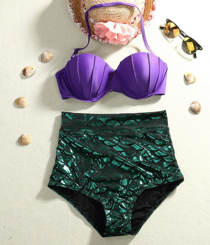 Ladies Bikini Split Swimsuit High Waist Mermaid Scale