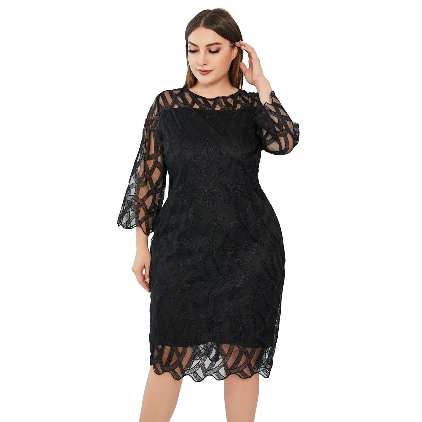 Women Plus Size Embroidered Double-layer Solid Color Round Neck Plus Size Dress