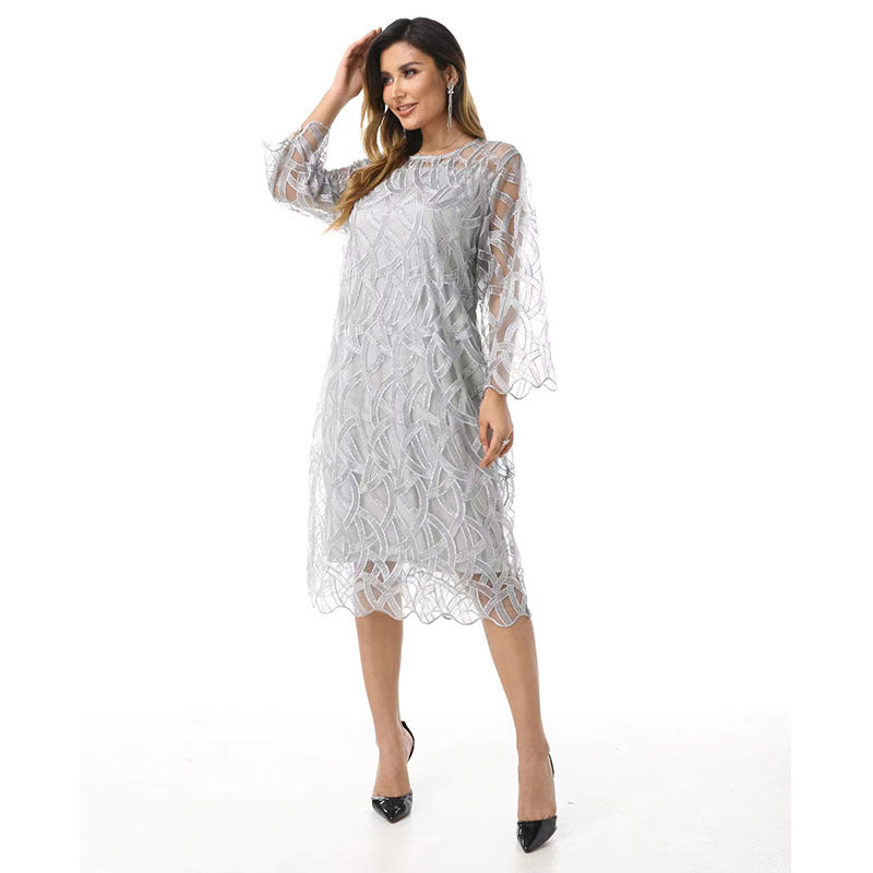 Women Plus Size Embroidered Double-layer Solid Color Round Neck Plus Size Dress