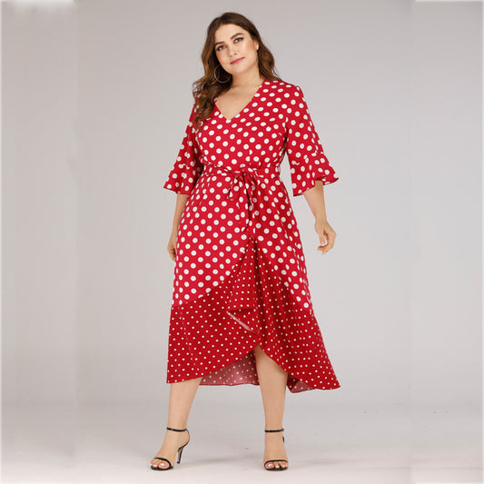 Plus size V-neck lace ruffled polka dot dress