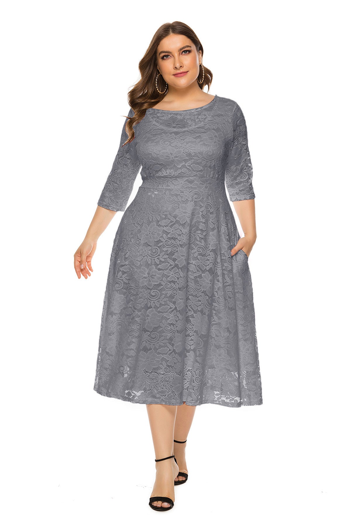 Women Plus Size Midi Skirt Hollow Lace Dress