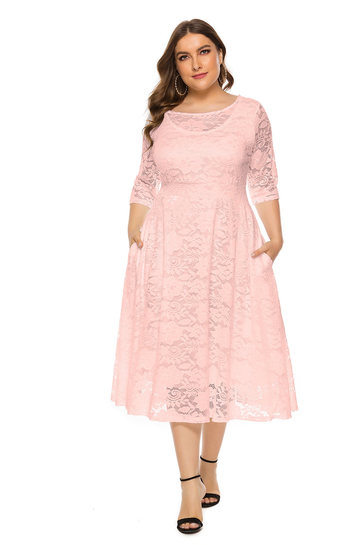 Women Plus Size Midi Skirt Hollow Lace Dress