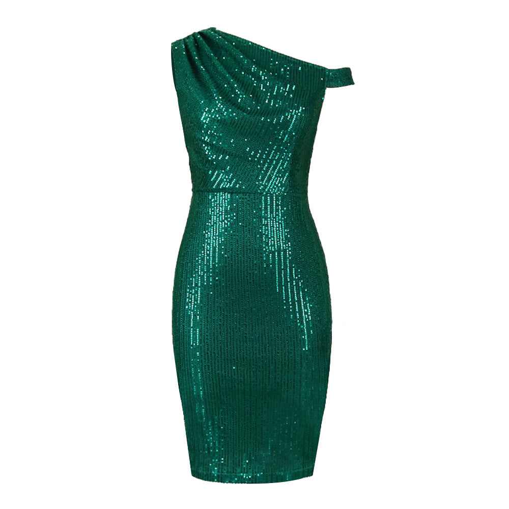 Women's One Shoulder Sleeveless Hip Wrap Sequin Dress