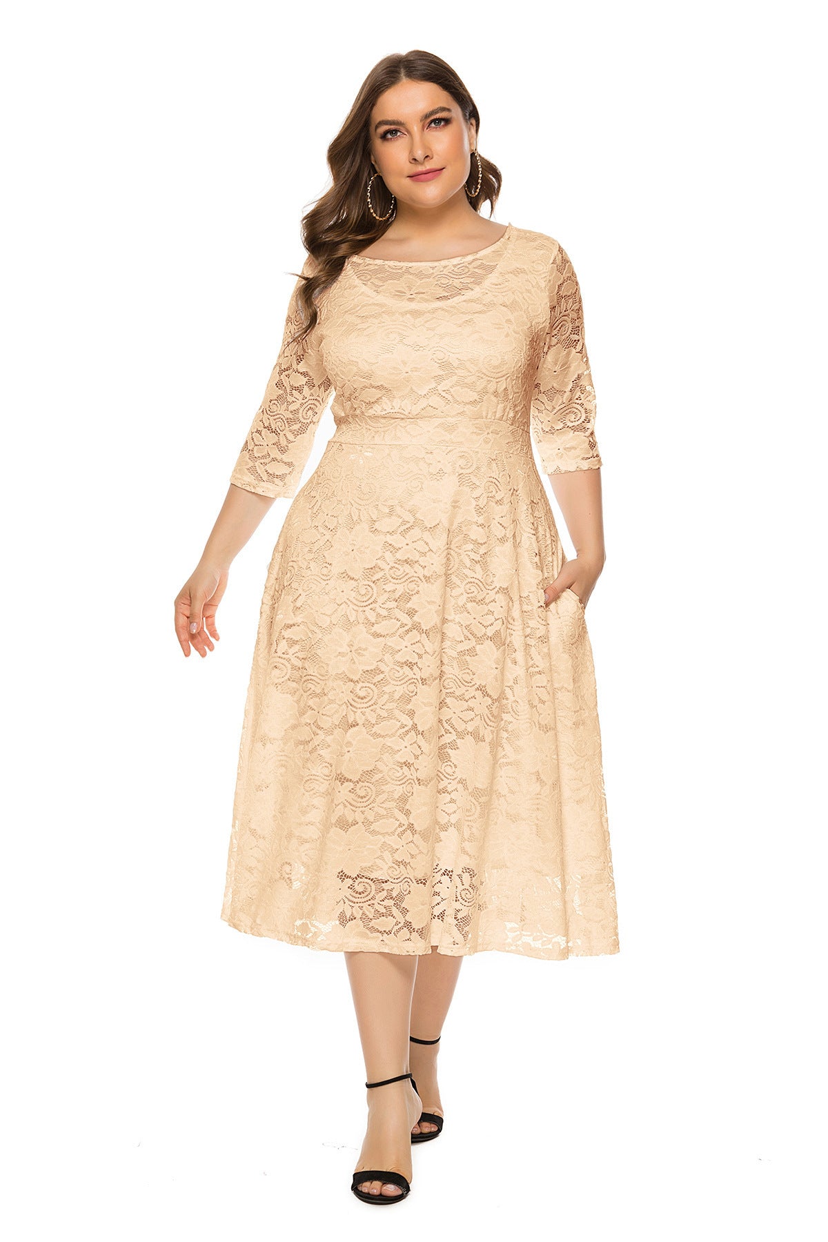 Women Plus Size Midi Skirt Hollow Lace Dress