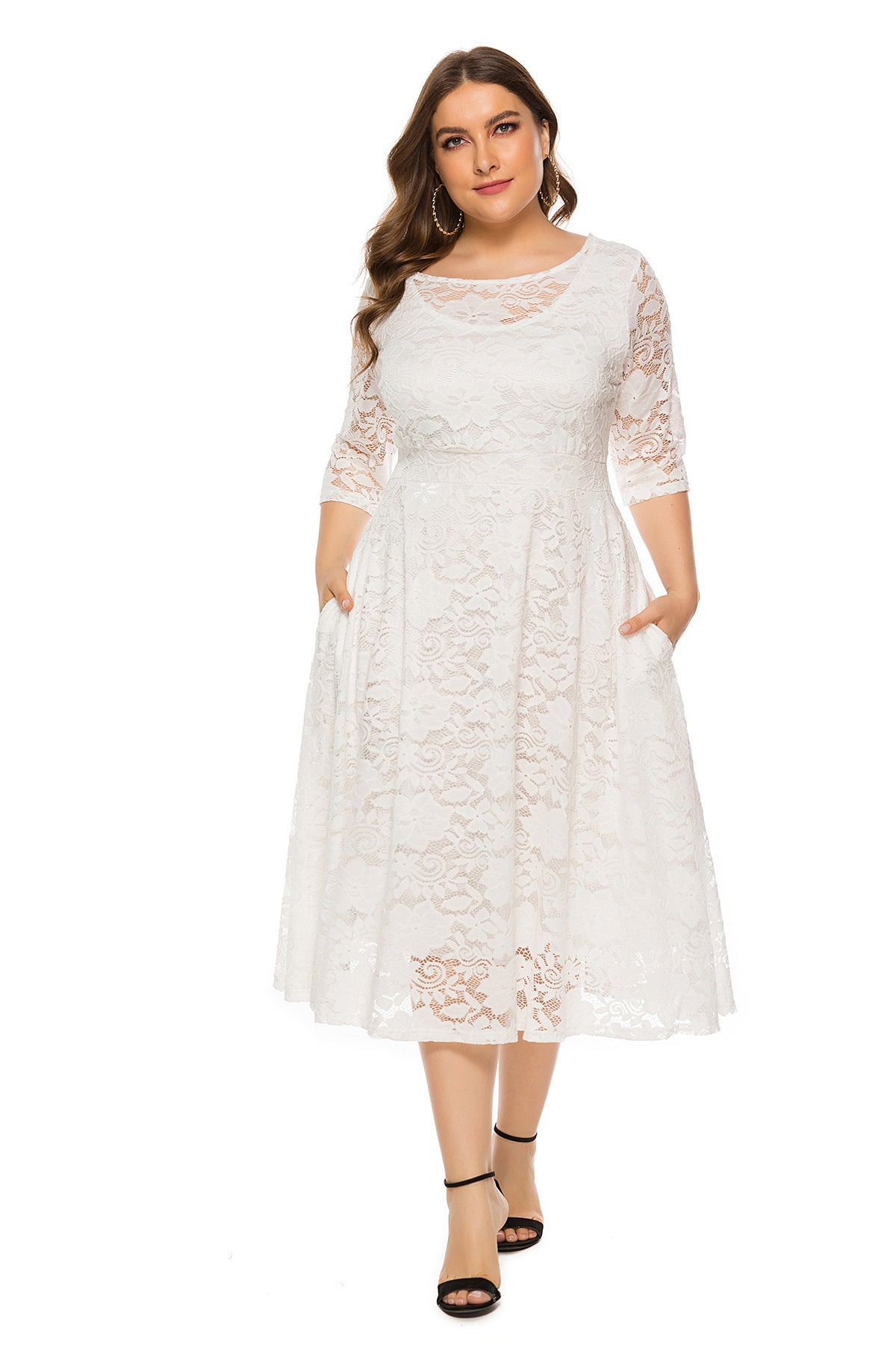 Women Plus Size Midi Skirt Hollow Lace Dress