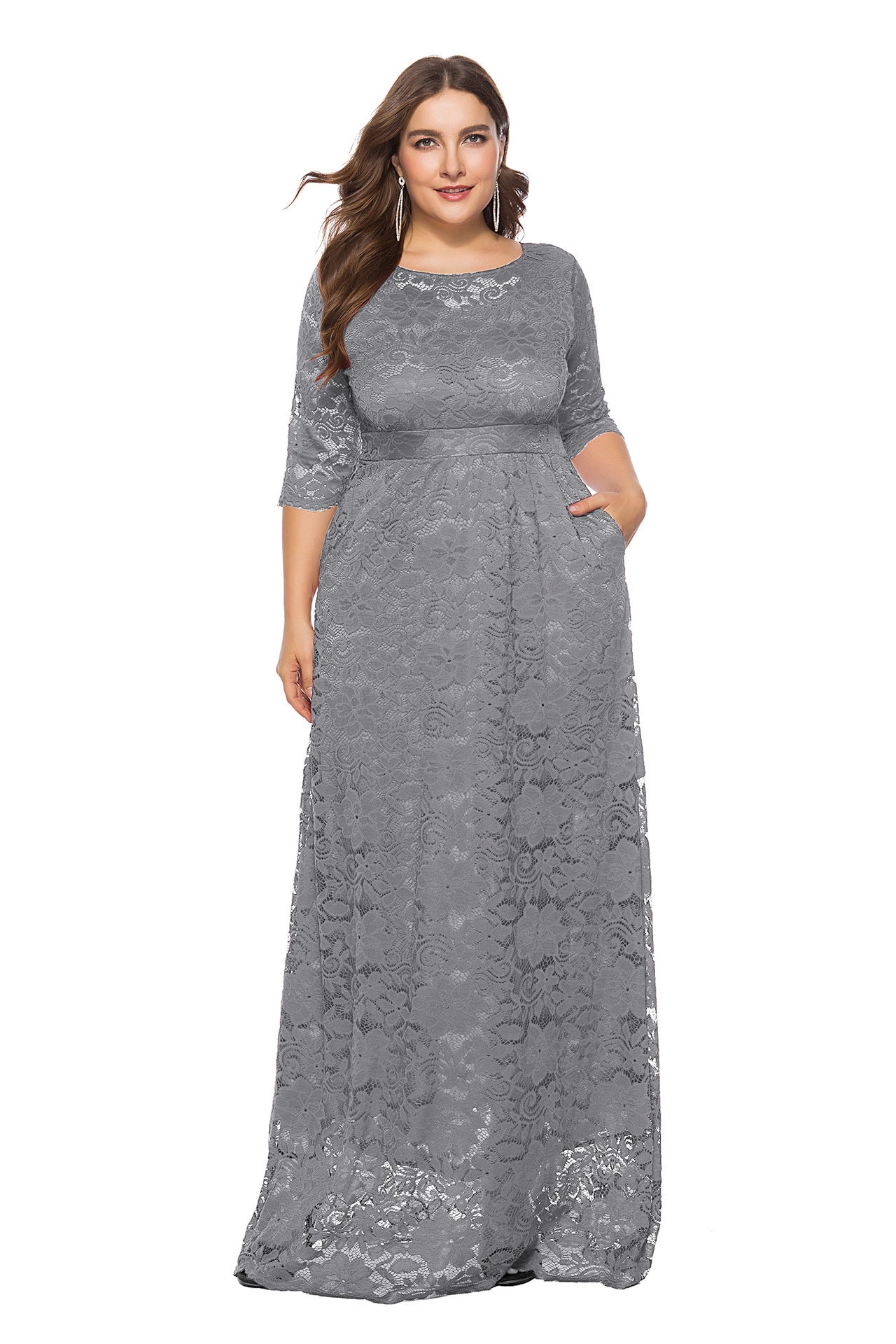 Plus Size Women New Hollow Lace Pocket Dress