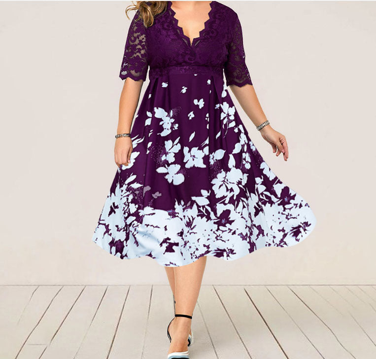 Women Plus Size Lace Stitching Dress