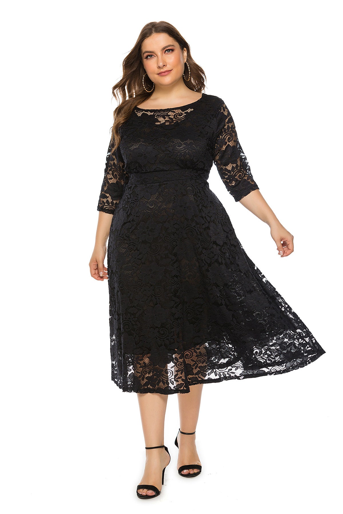 Women Plus Size Midi Skirt Hollow Lace Dress