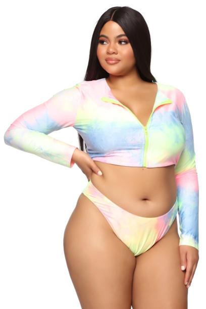 Women Plus Size Long Sleeve Zipper Swimsuit Colorful Sexy bathing suit
