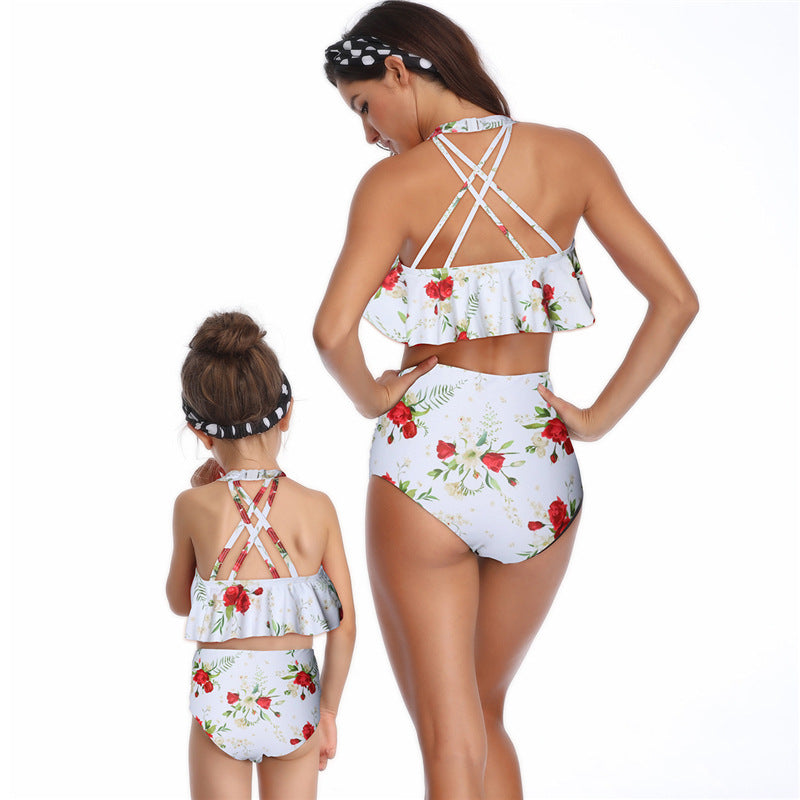 Mother Daughter Swimwear Family Matching Girls Swimsuit Women High-waisted Bikini Set