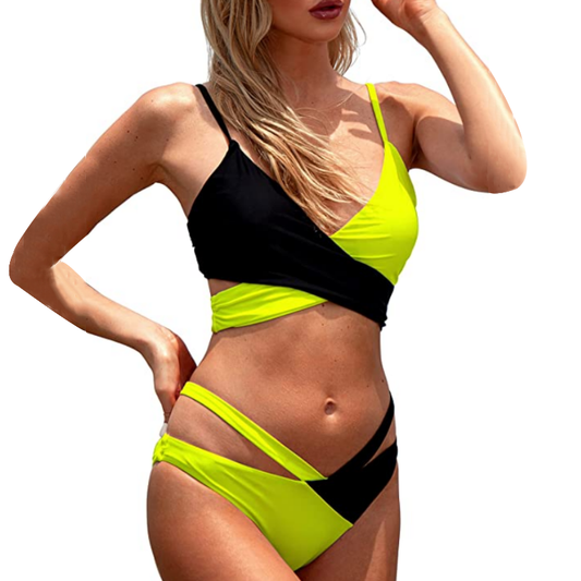 Women Black Yellow Color Block Two Piece Bikini Swimsuit Bathing Suit