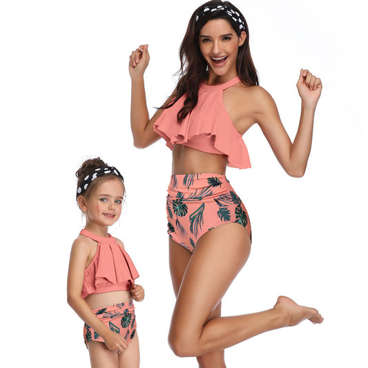 Mother Daughter Swimwear Family Matching Girls Swimsuit Women High-waisted Bikini Set